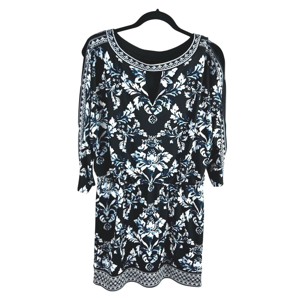 White House Black Market Blue & Black Print Cold Shoulder Dress - Size M‎